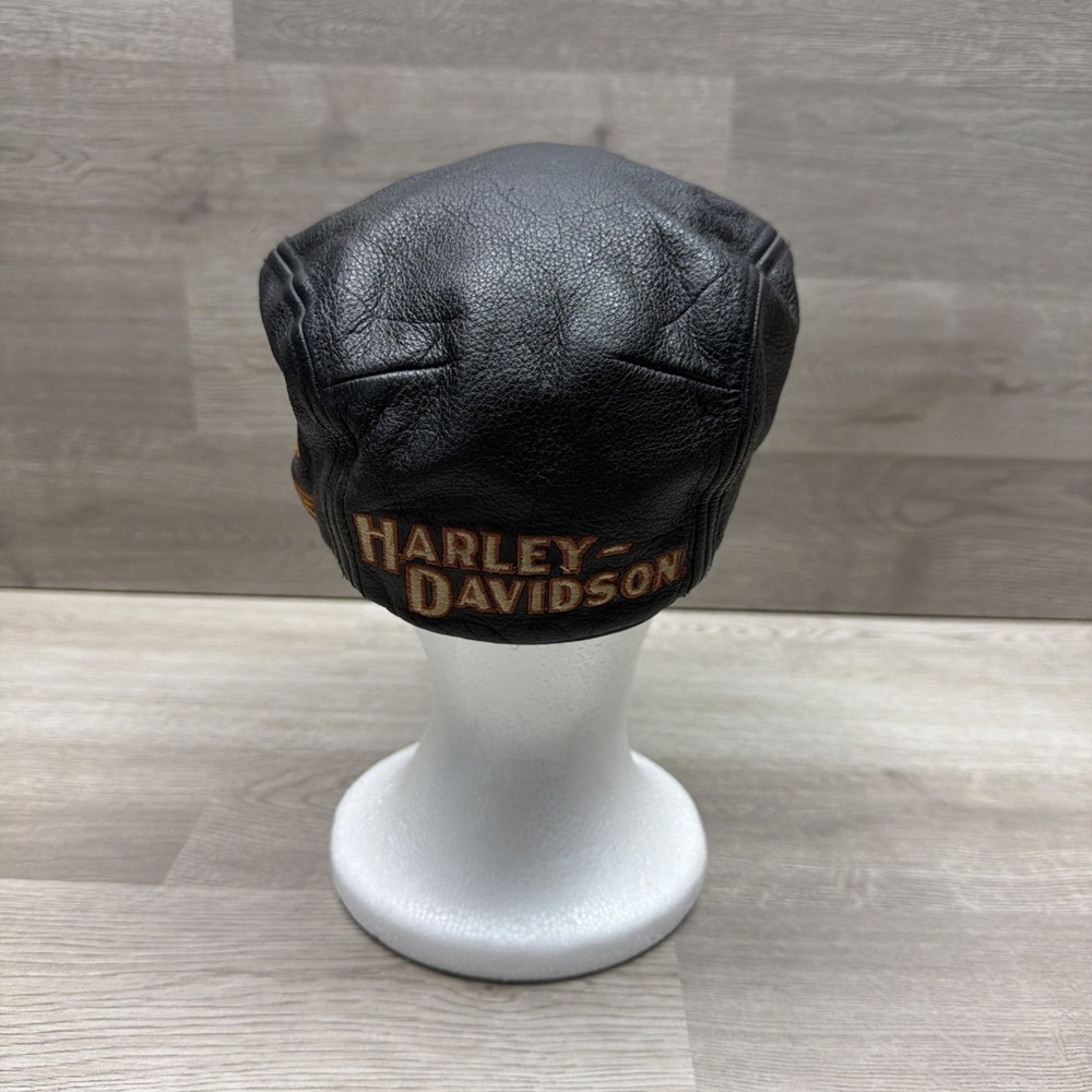 Harley-Davidson Mens Black Genuine Leather Ivy Flat Cap Hat Small Biker Moto